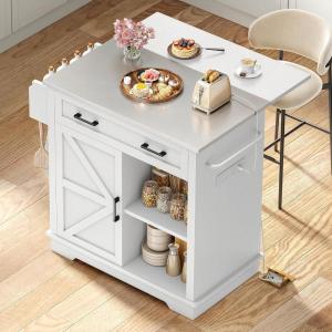 imageYITAHOME Kitchen Island with Stainless Steel Top ampamp Drop Leaf 47 Inch Kitchen Island on Wheels with Power Outlet Rolling Portable Mobile Kitchen Cart w Storage Drawer Cabinet Counter Metal Top WhiteWhite Small