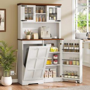 imageYITAHOME Kitchen Pantry Cabinet WTilit Out Trash Can Fit 10 Gallon 69quot Tall Farmhouse Coffee Bar Storage Cabinets with Drawers Doors Glass Display Cupboard Case Shelf Wheel Rustic Dark OakWhite Oak