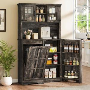 imageYITAHOME Kitchen Pantry Cabinet WTilit Out Trash Can Fit 10 Gallon 69quot Tall Farmhouse Coffee Bar Storage Cabinets with Drawers Doors Glass Display Cupboard Case Shelf Wheel Rustic Dark OakDark Rustic Oak