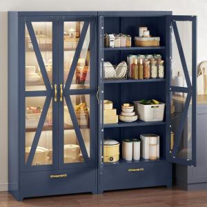 imageYITAHOME Kitchen Pantry Cabinet with Lights 61quot Metal Storage Cabinets with Adjustable Shelves Organizer Cabinet with Barn Doors Freestanding Cupboard with Drawer for Dining Living Room Navy BlueNavy Blue