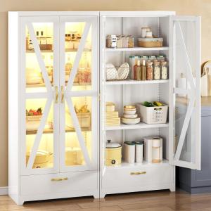 imageYITAHOME Kitchen Pantry Cabinet with Lights 61quot Metal Storage Cabinets with Adjustable Shelves Organizer Cabinet with Barn Doors Freestanding Cupboard with Drawer for Dining Living Room Navy BlueWhtie