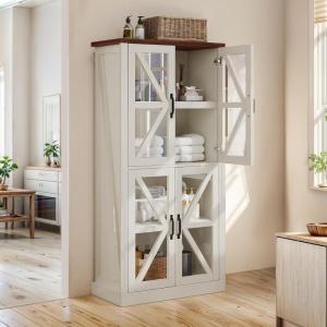 imageYITAHOME Kitchen Pantry Storage Cabinet 66quot Freestanding Farmhouse Glass Door Display Storage Cabinet with Door ampamp Shelves for Living ampamp Dinning Room WhiteWhite
