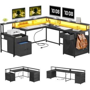 imageYITAHOME L Shaped Desk 63quot Reversible Computer Desk with 3 Drawers ampamp Power Outlets Corner Desk with LED Lights ampamp Storage Cabinet Long Home Office Desk BlackBlack