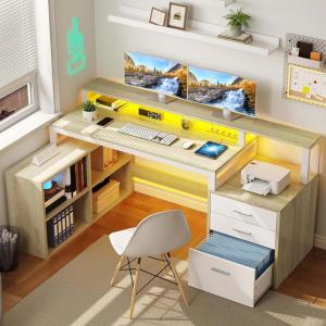 imageYITAHOME L Shaped Desk with 3 Drawers 65quot Corner Computer Desk with Power Outlets ampamp LED Lights LShaped Desk with File Cabinet ampamp Printer Stand for Home Office White ampamp OakWhite  Oak