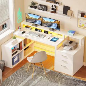 imageYITAHOME L Shaped Desk with 3 Drawers 65quot Corner Computer Desk with Power Outlets ampamp LED Lights LShaped Desk with File Cabinet ampamp Printer Stand for Home Office White ampamp OakWhite