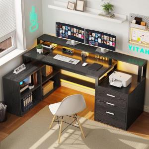 imageYITAHOME L Shaped Desk with 3 Drawers 65quot Corner Computer Desk with Power Outlets ampamp LED Lights LShaped Desk with File Cabinet ampamp Printer Stand for Home Office White ampamp OakBlack