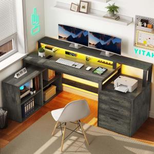 imageYITAHOME L Shaped Desk with 3 Drawers 65quot Corner Computer Desk with Power Outlets ampamp LED Lights LShaped Desk with File Cabinet ampamp Printer Stand for Home Office White ampamp OakGrey