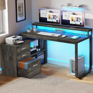 imageYITAHOME L Shaped Desk with Drawers 55quot Corner Computer Desk with Power Outlets LShaped Desk with LED Lights ampamp File Cabinet for Home Office GreyGrey  White