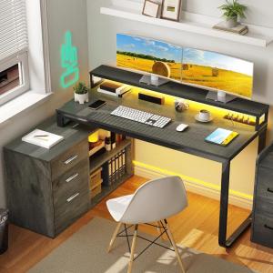 imageYITAHOME L Shaped Desk with Drawers 55quot Corner Computer Desk with Power Outlets LShaped Desk with LED Lights ampamp File Cabinet for Home Office GreyGrey
