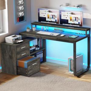 imageYITAHOME L Shaped Desk with Drawers 55quot Corner Computer Desk with Power Outlets LShaped Desk with LED Lights ampamp File Cabinet for Home Office GreyCharcoal Grey
