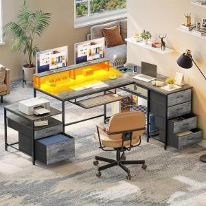 imageYITAHOME L Shaped Desk with File Drawers 71quot L Shaped Computer Desk with Power Outlet ampamp LED Lights Corner Office Desk with Storage Shelves ampamp Printer Stand Gaming Desk with Monitor Shelf BrownGrey