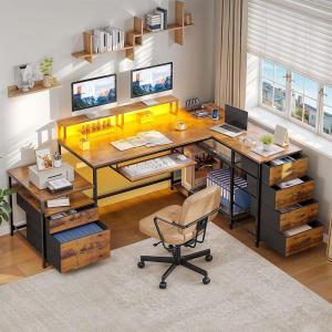 imageYITAHOME L Shaped Desk with File Drawers 71quot L Shaped Computer Desk with Power Outlet ampamp LED Lights Corner Office Desk with Storage Shelves ampamp Printer Stand Gaming Desk with Monitor Shelf BrownBrown