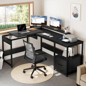 imageYITAHOME L Shaped Desk with Lift Top 65quot Adjustable Standing Desk with File Drawer Corner Computer Desks with Storage Shelves Black