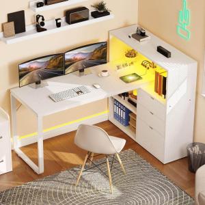imageYITAHOME L Shaped Desk with Power Outlets 55quot Computer Desk with Drawers ampamp Bookshelf Home Office Desk with LED Lights Corner Desk with File Cabinet White ampamp OakWhite