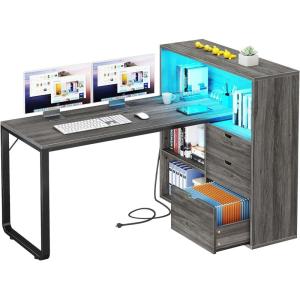 imageYITAHOME L Shaped Desk with Power Outlets 55quot Computer Desk with Drawers ampamp Bookshelf Home Office Desk with LED Lights Corner Desk with File Cabinet White ampamp OakGrey
