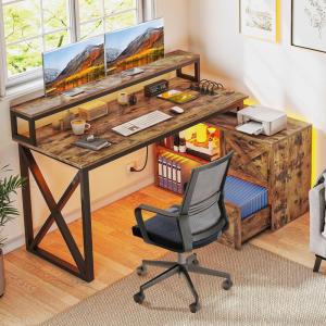 imageYITAHOME L Shaped Desk with Power Outlets 55quot Computer Desk with Drawers and File Cabinet Corner Office Desks with LED Lights ampamp Monitor Stand for Home Office Rustic BrownRustic Brown