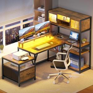 imageYITAHOME L Shaped Desk with Power Outlets 787quot Computer Desk with Drawers ampamp Bookshelf Reversible Corner Office Desk with LED Lights and Storage Shelves for Home Office Rustic Brown
