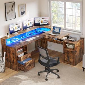 imageYITAHOME L Shaped Desk with Power Outlets ampamp LED Lights 60quot Corner Computer Desk with Drawers ampamp Lift Top Home Office Desk with Monitor Stand ampamp File Cabinet Wood Height Adjustable Desk WhiteBrown