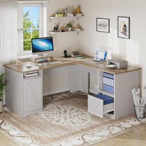 imageYITAHOME L Shaped Desk with Power Outlets ampamp LED Lights 60quot Corner Computer Desk with Drawers ampamp Lift Top Home Office Desk with Monitor Stand ampamp File Cabinet Wood Height Adjustable Desk WhiteGrey Wash