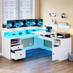 imageYITAHOME L Shaped Desk with Power Outlets ampamp LED Lights 60quot Corner Computer Desk with Drawers ampamp Lift Top Home Office Desk with Monitor Stand ampamp File Cabinet Wood Height Adjustable Desk Black ampamp BrownWarm White