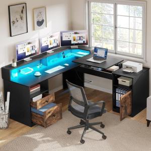 imageYITAHOME L Shaped Desk with Power Outlets ampamp LED Lights 60quot Corner Computer Desk with Drawers ampamp Lift Top Home Office Desk with Monitor Stand ampamp File Cabinet Wood Height Adjustable Desk Black ampamp BrownBlackbrown