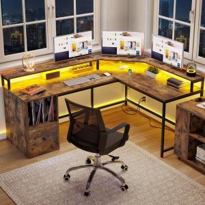 imageYITAHOME L Shaped Desk with Power Outlets ampamp LED Lights 67quot Computer Desk with File Drawer Corner Desk Home Office Desk with Monitor Stand ampamp 3 Cubbies Storage Shelves Brown