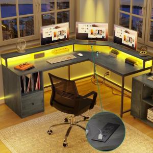 imageYITAHOME L Shaped Desk with Power Outlets ampamp LED Lights 67quot Computer Desk with File Drawer Corner Desk Home Office Desk with Monitor Stand ampamp 3 Cubbies Storage Shelves GreyGrey