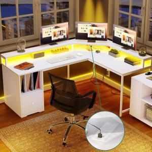 imageYITAHOME L Shaped Desk with Power Outlets ampamp LED Lights 67quot Computer Desk with File Drawer Corner Desk Home Office Desk with Monitor Stand ampamp 3 Cubbies Storage Shelves GreyWhite