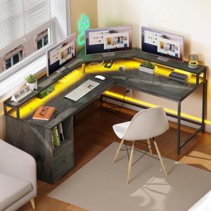 imageYITAHOME L Shaped Desk with Power Outlets ampamp LED Lights 67quot Computer Desk with File Drawer Corner Desk Home Office Desk with Monitor Stand ampamp 3 Cubbies Storage Shelves GreyLight Grey