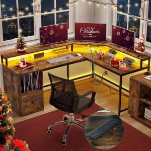 imageYITAHOME L Shaped Desk with Power Outlets ampamp LED Lights 67quot Computer Desk with File Drawer Corner Desk Home Office Desk with Monitor Stand ampamp 3 Cubbies Storage Shelves GreyRustic Brown