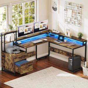 imageYITAHOME L Shaped Desk with Power Outlets ampamp LED Lights Reversible Computer Desk with Drawers ampamp Hutch Corner Office Desks with Monitor Stand Printer Stand Rustic BrownBrown