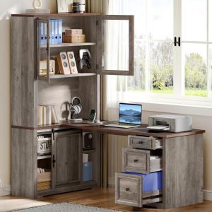 imageYITAHOME L Shaped Executive Desk with Hutch and Drawers Farmhouse Home Office Desk with Power Outlet Wood Corner Computer Desk with Sliding Door Storage Cabinet with Glass Door Grey ampamp WalnutGrey  Walnut