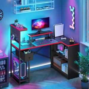 imageYITAHOME L Shaped Gaming Desk with Drawer and Storage Shelves 51 Inch Reversible Computer Desk with LED Lights ampamp Hutch Corner Desk Gaming Table with Monitor Stand ampamp Pegboard Black Carbon Fiber