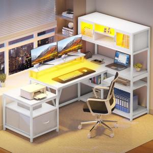imageYITAHOME L Shaped Gaming Desk with LED Lights 787quot Computer Desk with Power Outlets Reversible Corner Gaming Desk with Drawers and Hutch for Home Office White