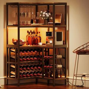 imageYITAHOME Large Corner Wine Rack 63 Corner Bar Cabinet with Power Outlet and LED Light 5Tier L Shaped Industrial Liquor Cabinets wGlass Holder Open Display Cabinet for Home BrownBrown