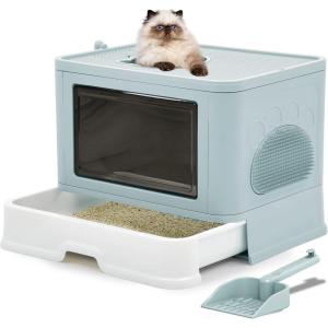 imageYITAHOME Large Enclosed Cat Litter Box with Cushion AntiSplash Closed Litter Boxes with Litter Scoop Front Entry Top Exit Door Easy to Install and CleanBlue