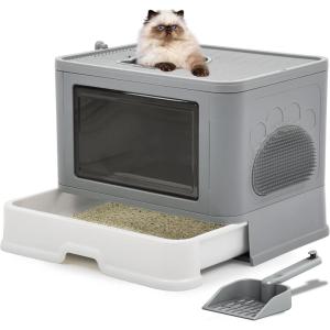 imageYITAHOME Large Enclosed Cat Litter Box with Cushion AntiSplash Closed Litter Boxes with Litter Scoop Front Entry Top Exit Door Easy to Install and CleanGray