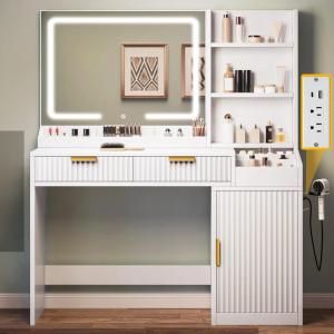 imageYITAHOME Large Makeup Vanity Desk with Mirror and Lights Fluted Vanity Table with 2 Drawers ampamp Adjustable Shelves Makeup Mirror in 3 Modes Lighting Dressing Table Set wCharging Station WhiteWhite