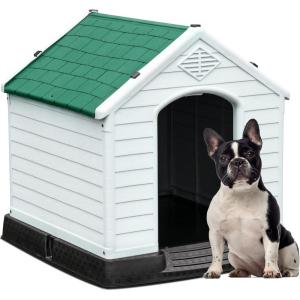 imageYITAHOME Large Plastic Dog House Outdoor Indoor Doghouse Puppy Shelter Water Resistant Easy Assembly Sturdy Dog Kennel with Air Vents and Elevated FloorGreen