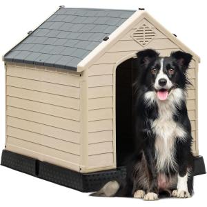 imageYITAHOME Large Plastic Dog House Outdoor Indoor Doghouse Puppy Shelter Water Resistant Easy Assembly Sturdy Dog Kennel with Air Vents and Elevated FloorGrayBrown