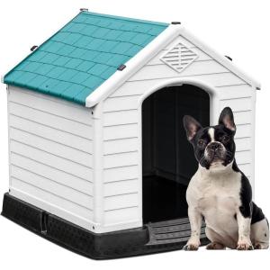 imageYITAHOME Large Plastic Dog House Outdoor Indoor Doghouse Puppy Shelter Water Resistant Easy Assembly Sturdy Dog Kennel with Air Vents and Elevated FloorBlue