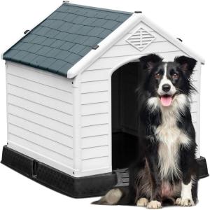imageYITAHOME Large Plastic Dog House Outdoor Indoor Doghouse Puppy Shelter Water Resistant Easy Assembly Sturdy Dog Kennel with Air Vents and Elevated FloorGray