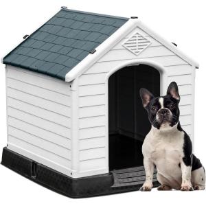 imageYITAHOME Large Plastic Dog House Outdoor Indoor Doghouse Puppy Shelter Water Resistant Easy Assembly Sturdy Dog Kennel with Air Vents and Elevated FloorGrayWhite