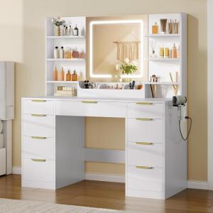 imageYITAHOME Large Vanity Desk with Mirror LED Lights and Power Outlets Big Makeup Table with 9 Drawers 5 Storage Shelves ampamp 2 Cosmetic Brush Holes Dressing Table for Bedroom Black Vanity SetWhite