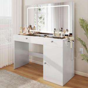 imageYITAHOME Large Vanity Desk with Mirror ampamp Light Power Outlet Makeup Vanity Set with 2 Drawers and 3 Level Storage Dressers 3 Lighting Modes Adjustable Brightness Bedroom Dressing Table WhiteWhite