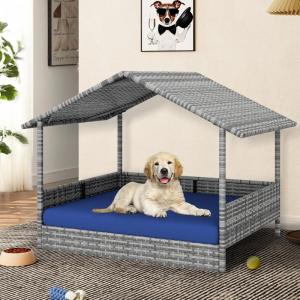 imageYITAHOME Large Wicker Dog House with Cushion Outdoor Indoor Rattan Doghouse Elevated Raised Dog Bed with Canopy Waterproof Dog Cot for Small Medium and Large Dogs GrayGray  Blue