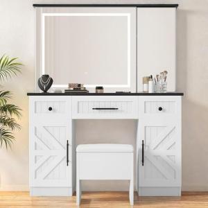 imageYITAHOME Lighted Vanity Desk with Mirror Charging Station 4 Drawers ampamp Vanity Stool Makeup Vanity with Hidden ShelvesCrisp White
