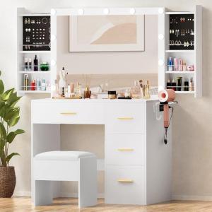 imageYITAHOME Lighted Vanity Desk with Mirror Charging Station 4 Drawers ampamp Vanity Stool Makeup Vanity with Hidden ShelvesSnowy