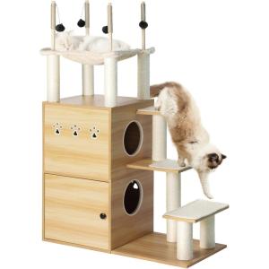 imageYITAHOME Litter Box Enclosure 2in1 Modern Cat Tree with 3 Litter Mats for Large Cats Indoor Wood Cat House and Condo with Sisal Scratching Post and Toys