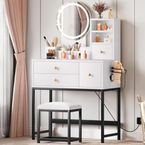 imageYITAHOME Makeup Vanity Desk with LED Mirror Jewelry Storage Hair Dryer Holder and Open Shelves Compact Vanity Desk for Small RoomsCream